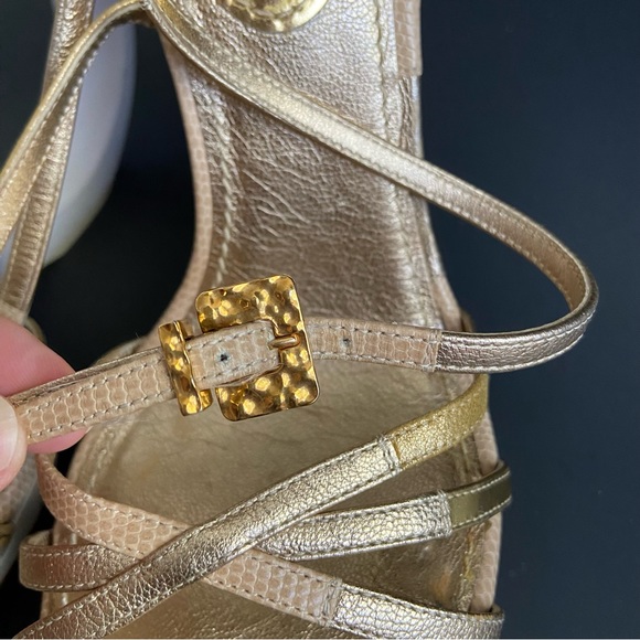 Louis Vuitton Gold Leather Wedge Ankle Strap Sandals Designer Heel Shape - Picture 5 of 15